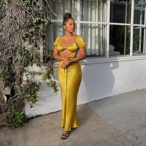 VRG GRL (Verge Girl) Mustard Yellow Gold Cutout Maxi Dress